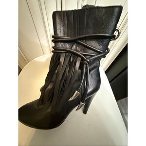 Ash Women's Bird Leather Stiletto Heel Tassel Fringe Ankle Booties Black Size 8